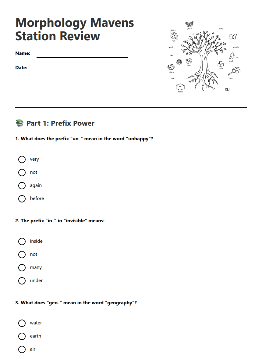 Morphology Mavens Station Review worksheet preview