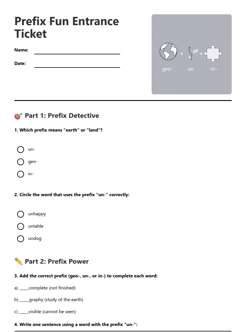Prefix Fun Entrance Ticket worksheet preview