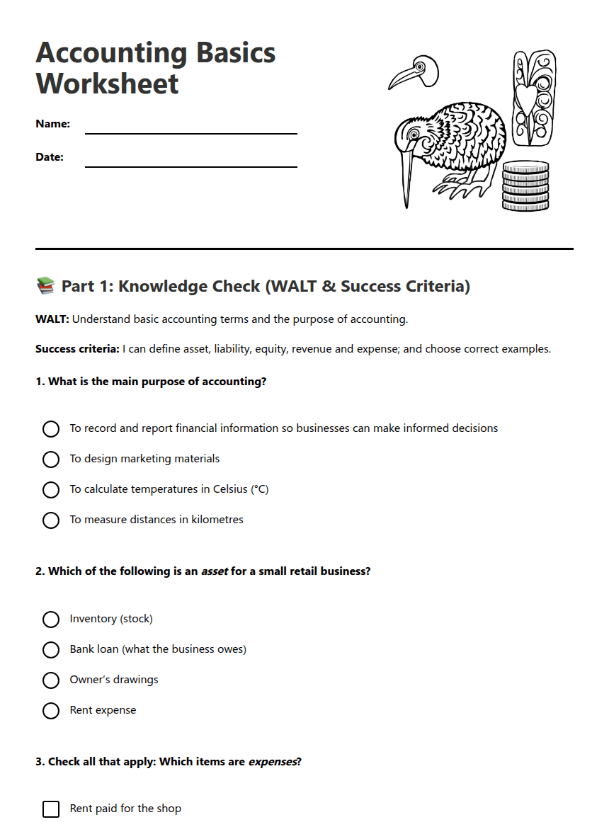 Accounting Basics Worksheet worksheet preview