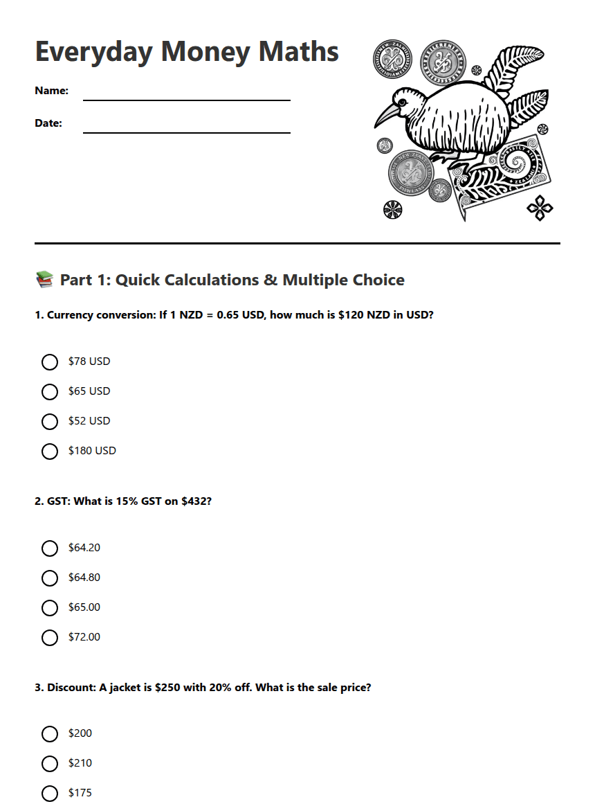 Everyday Money Maths worksheet preview