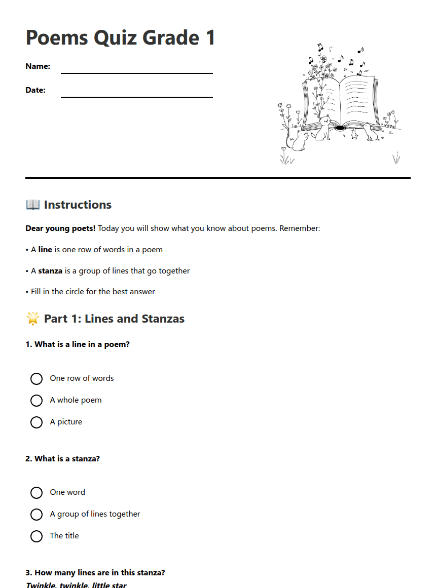 Poems Quiz Grade 1 worksheet preview