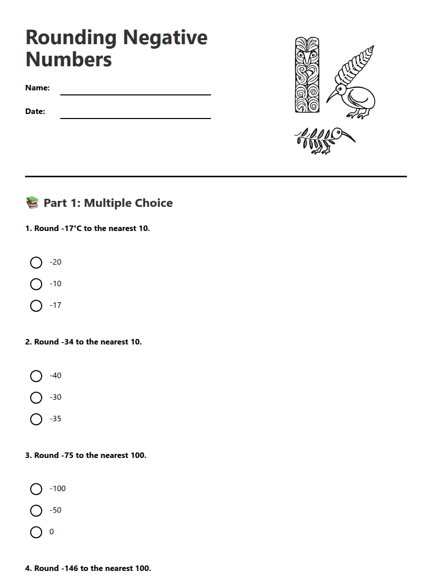 Rounding Negative Numbers worksheet preview