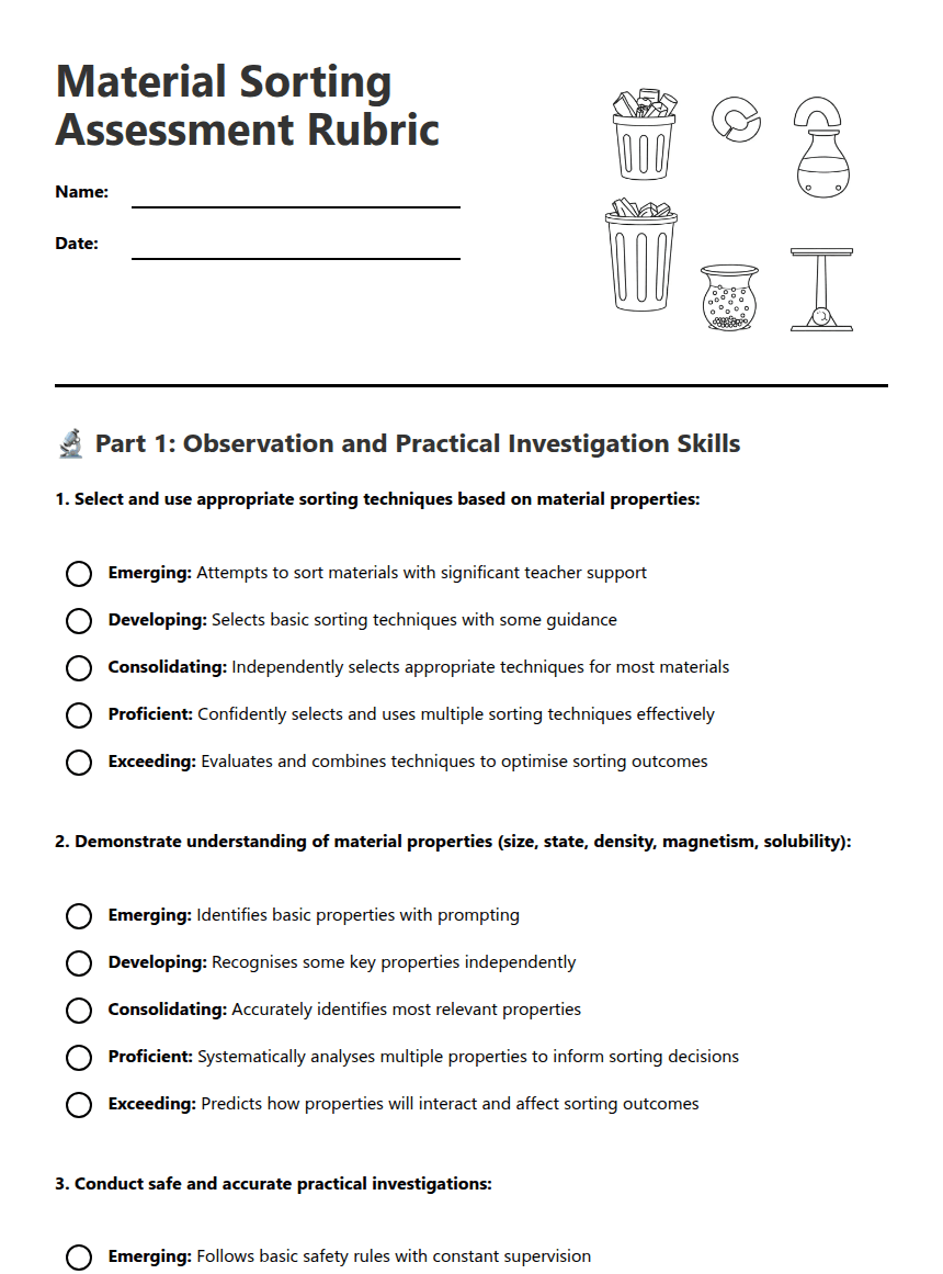 Material Sorting Assessment Rubric worksheet preview