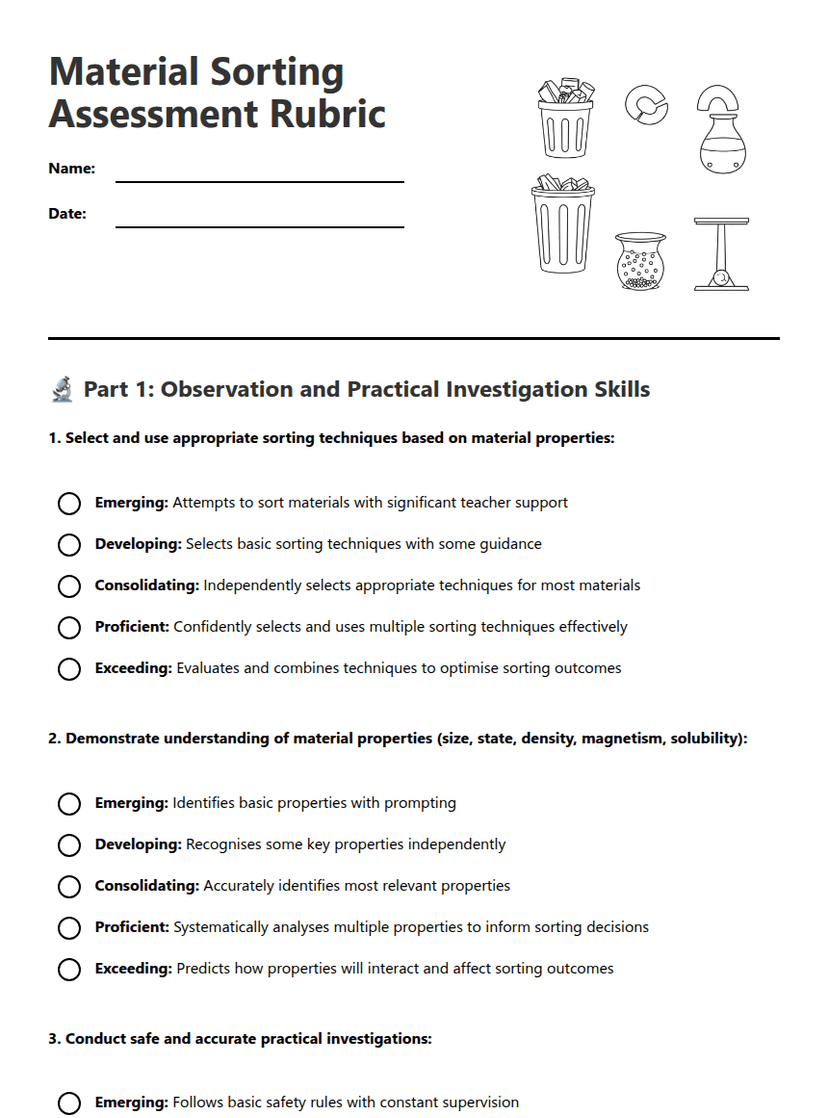 Material Sorting Assessment Rubric
