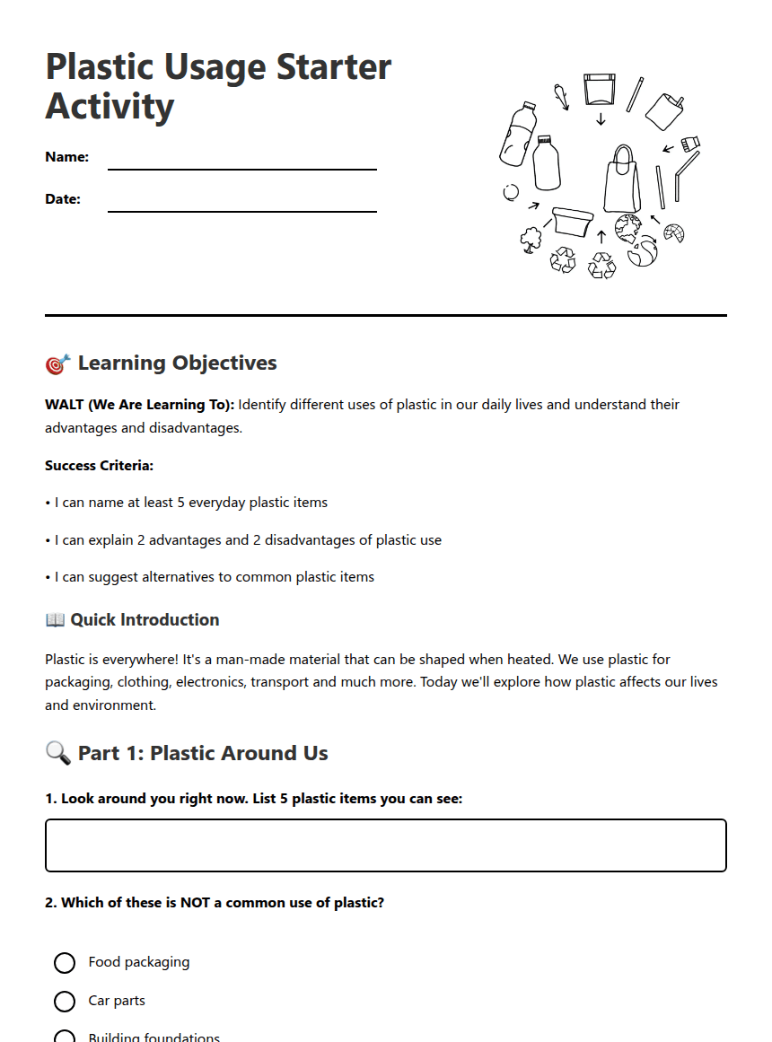 Plastic Usage Starter Activity worksheet preview