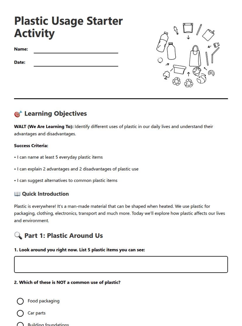 Plastic Usage Starter Activity