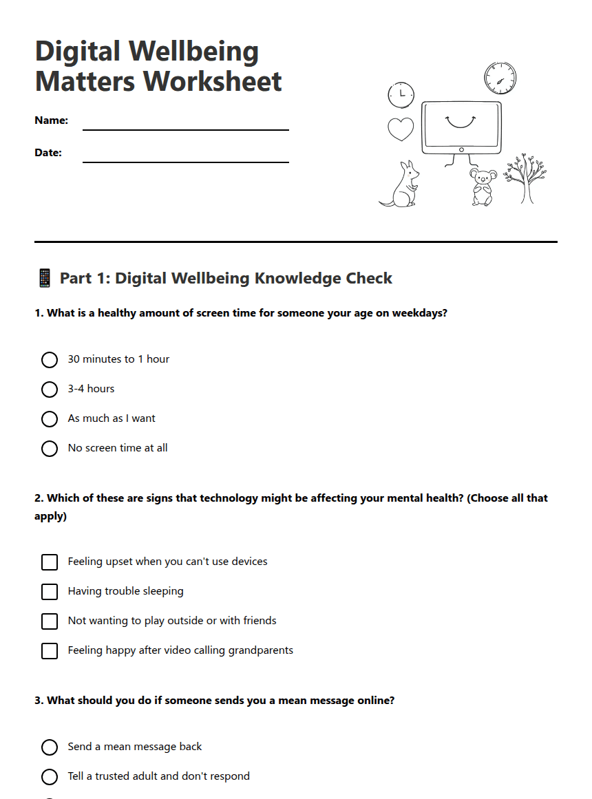 Digital Wellbeing Matters Worksheet worksheet preview