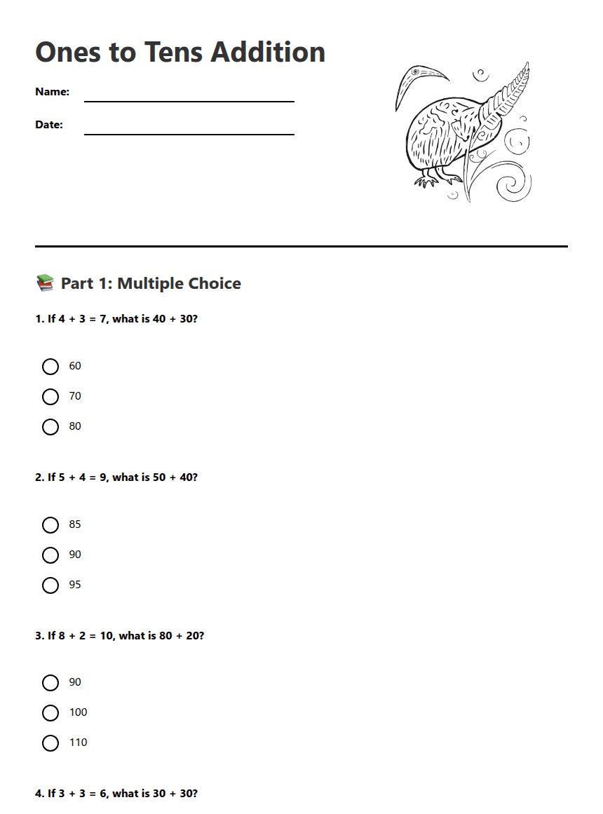 Ones to Tens Addition worksheet preview