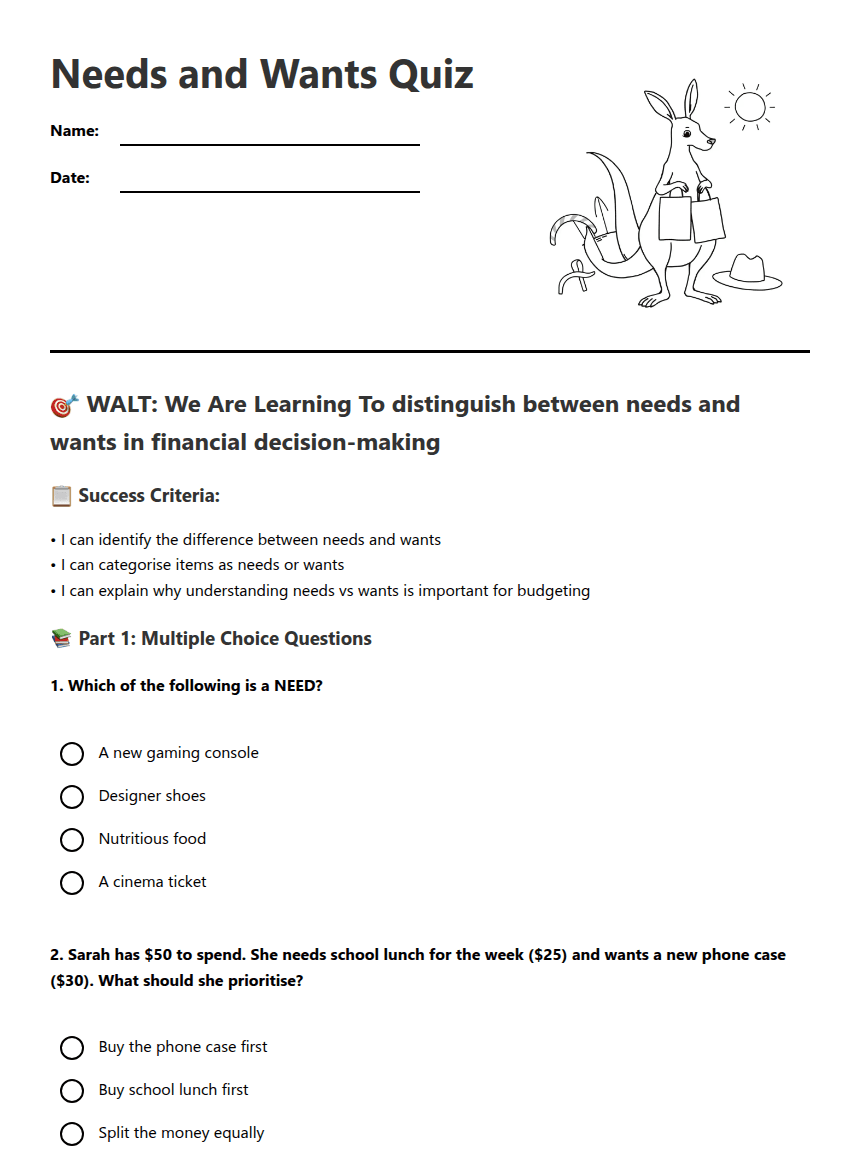 Needs and Wants Quiz worksheet preview