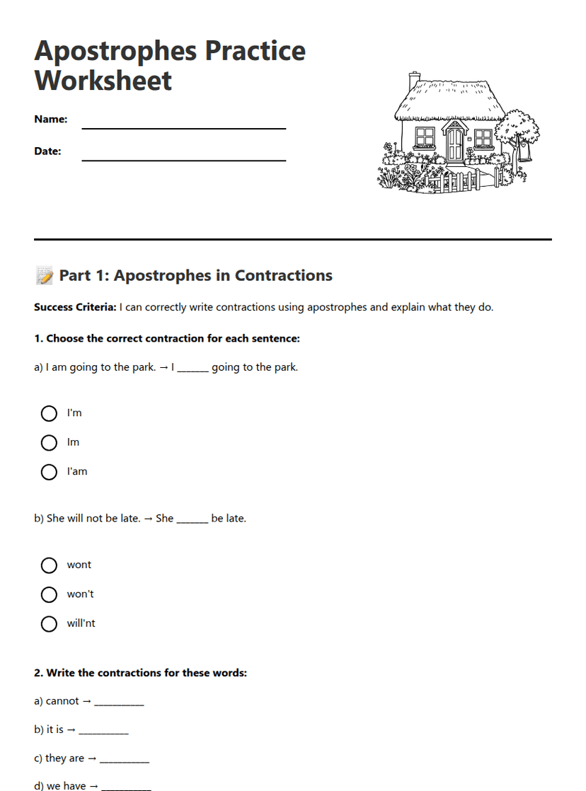 Apostrophes Practice Worksheet
