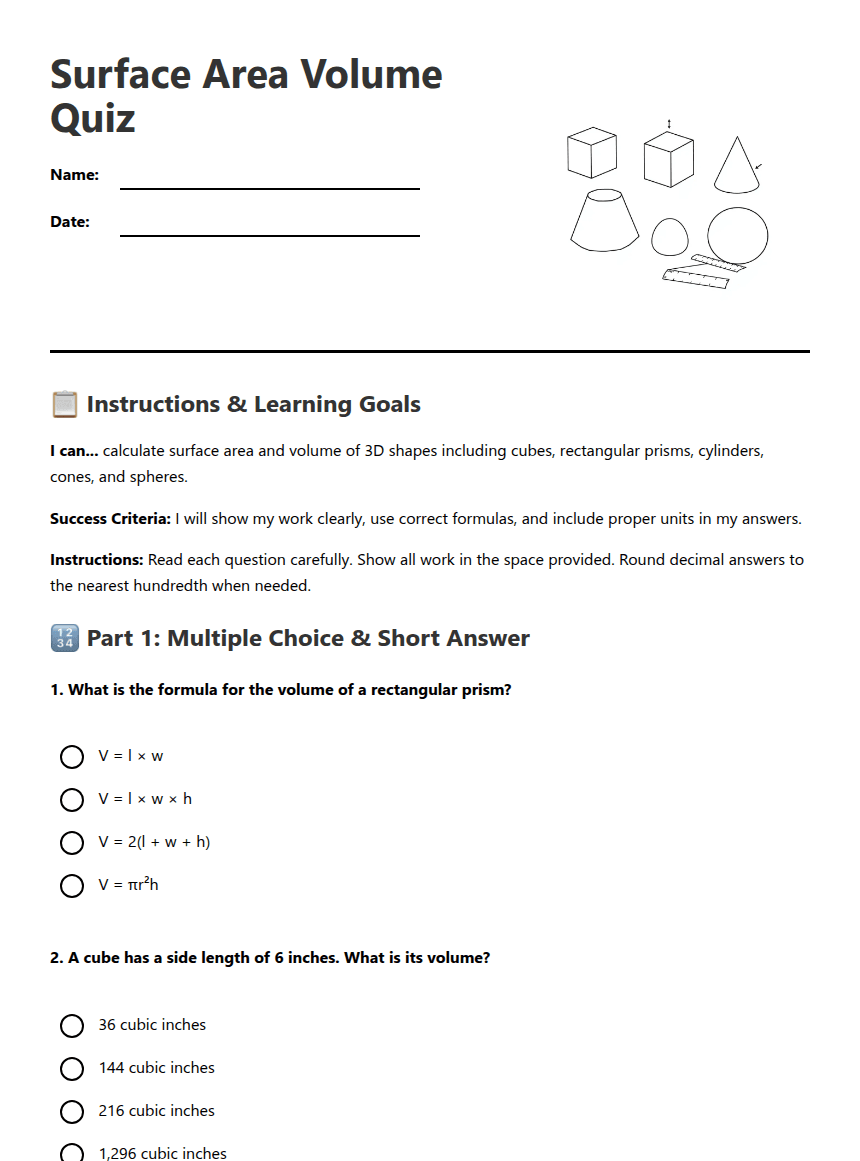 Surface Area Volume Quiz worksheet preview