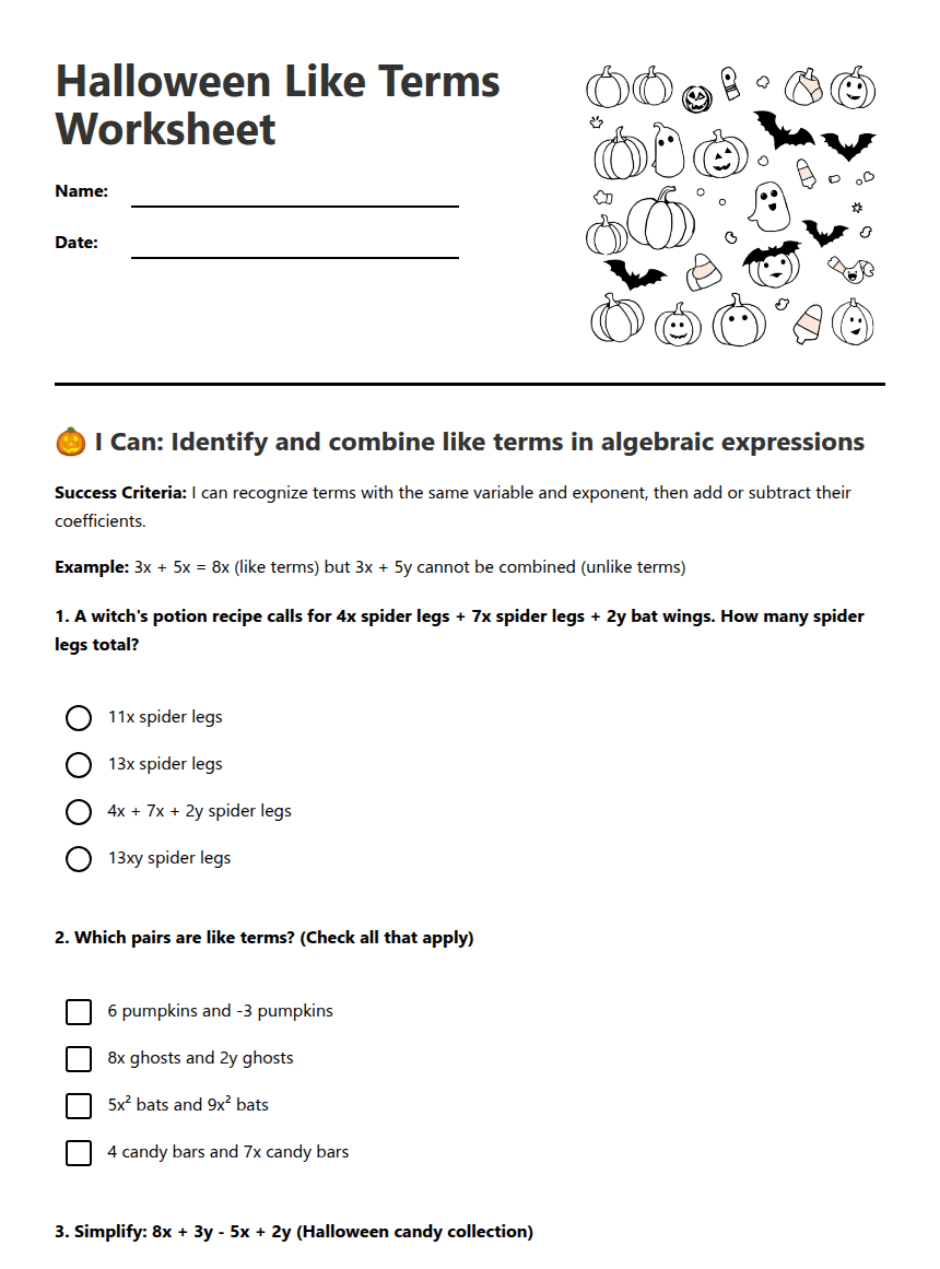 Halloween Like Terms Worksheet worksheet preview