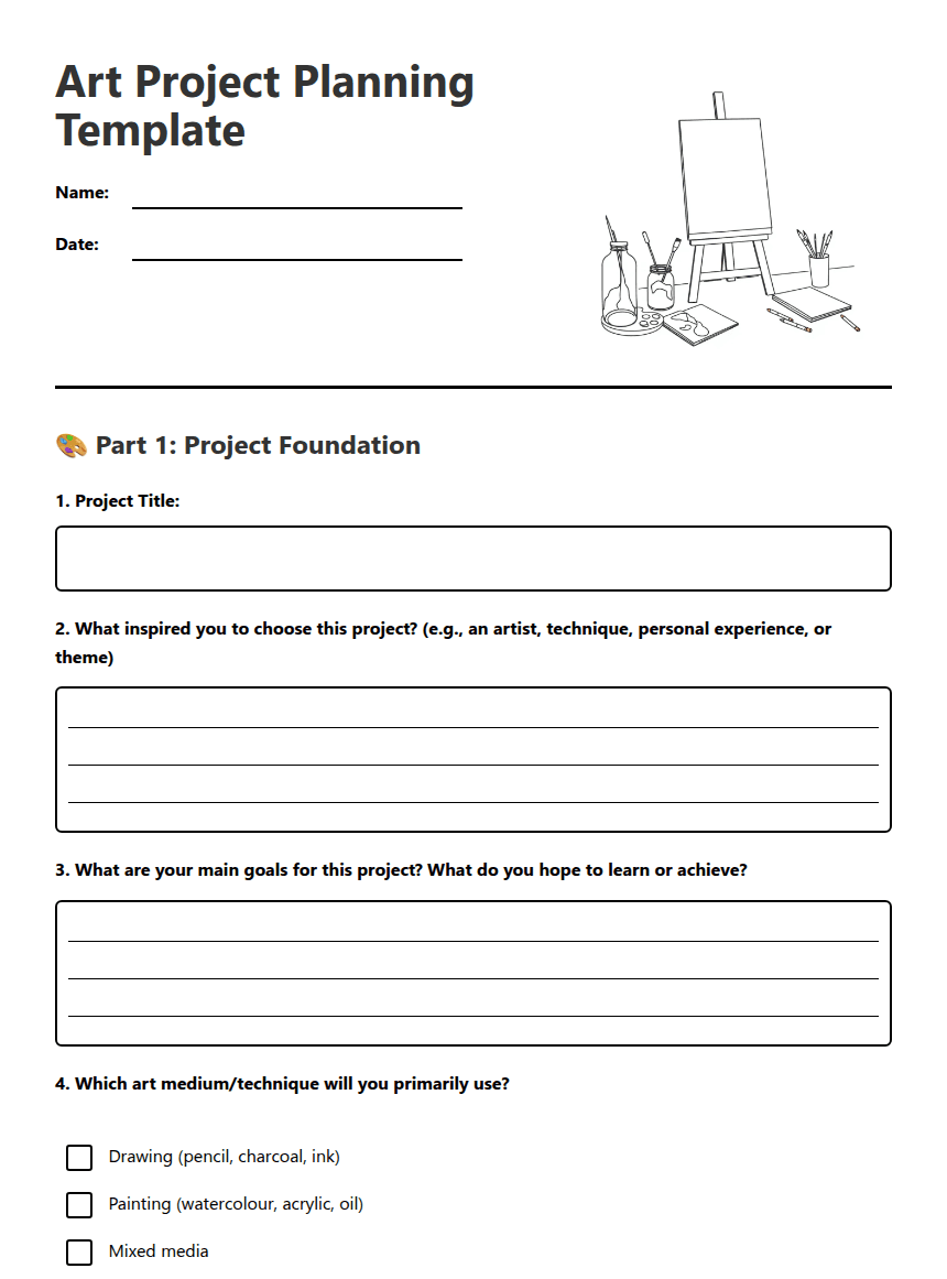Art Project Planning Template worksheet preview