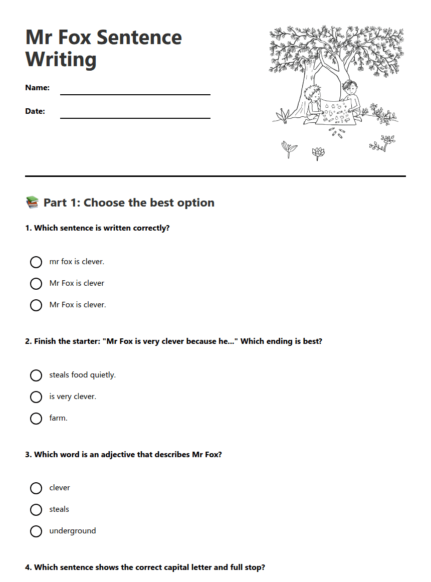 Mr Fox Sentence Writing worksheet preview