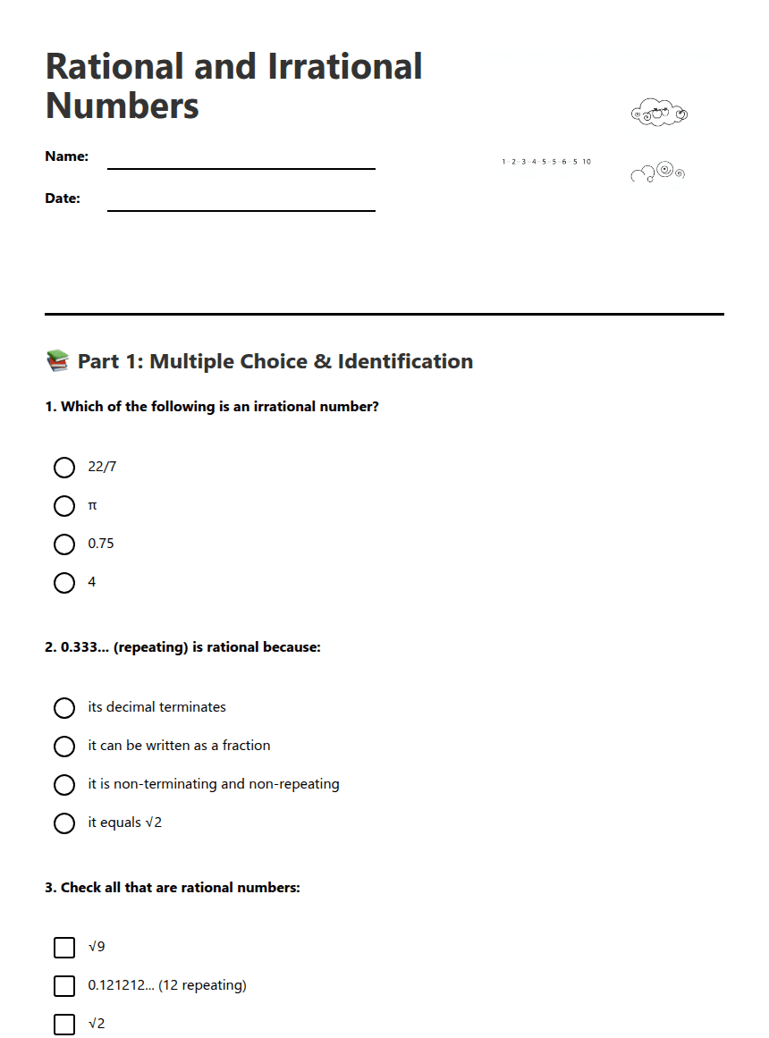 Rational and Irrational Numbers worksheet preview
