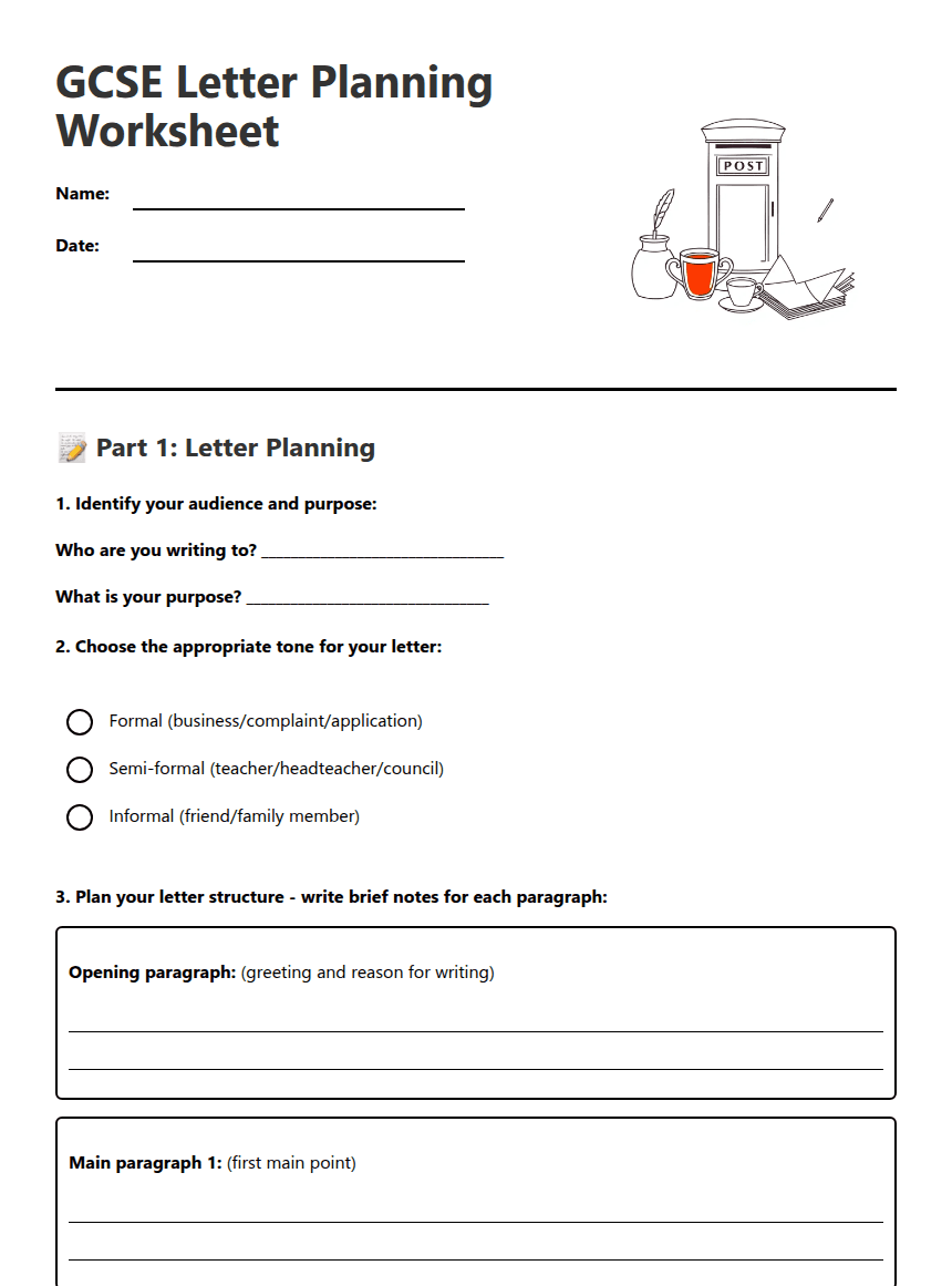 GCSE Letter Planning Worksheet worksheet preview