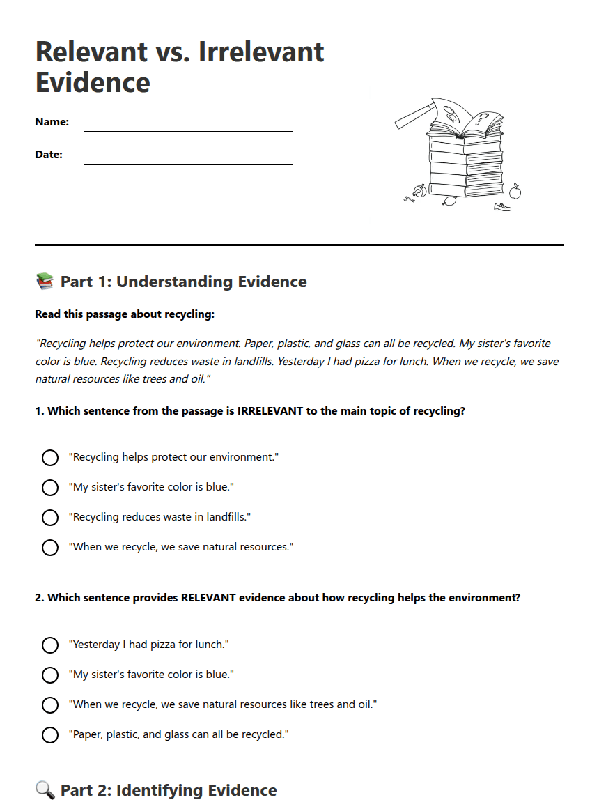 Relevant vs. Irrelevant Evidence worksheet preview