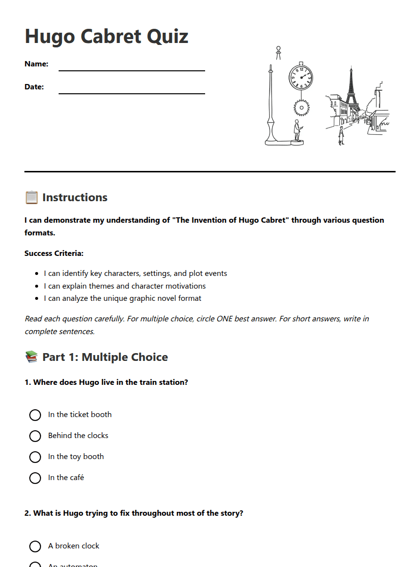 Hugo Cabret Quiz worksheet preview