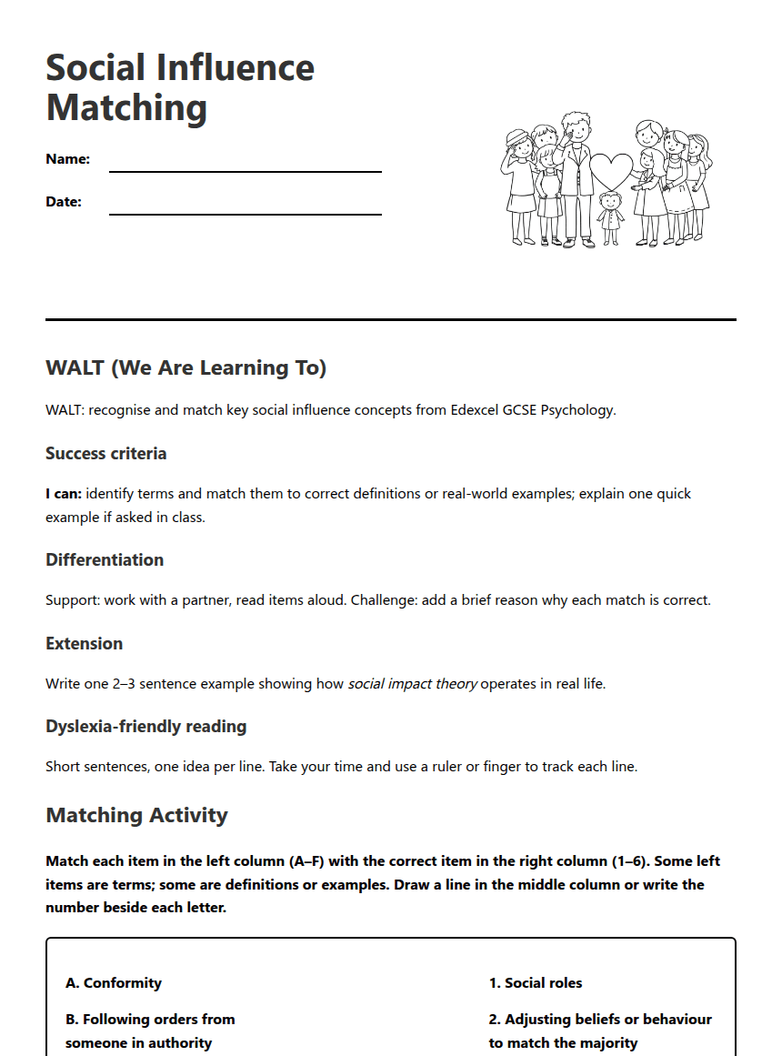 Social Influence Matching worksheet preview