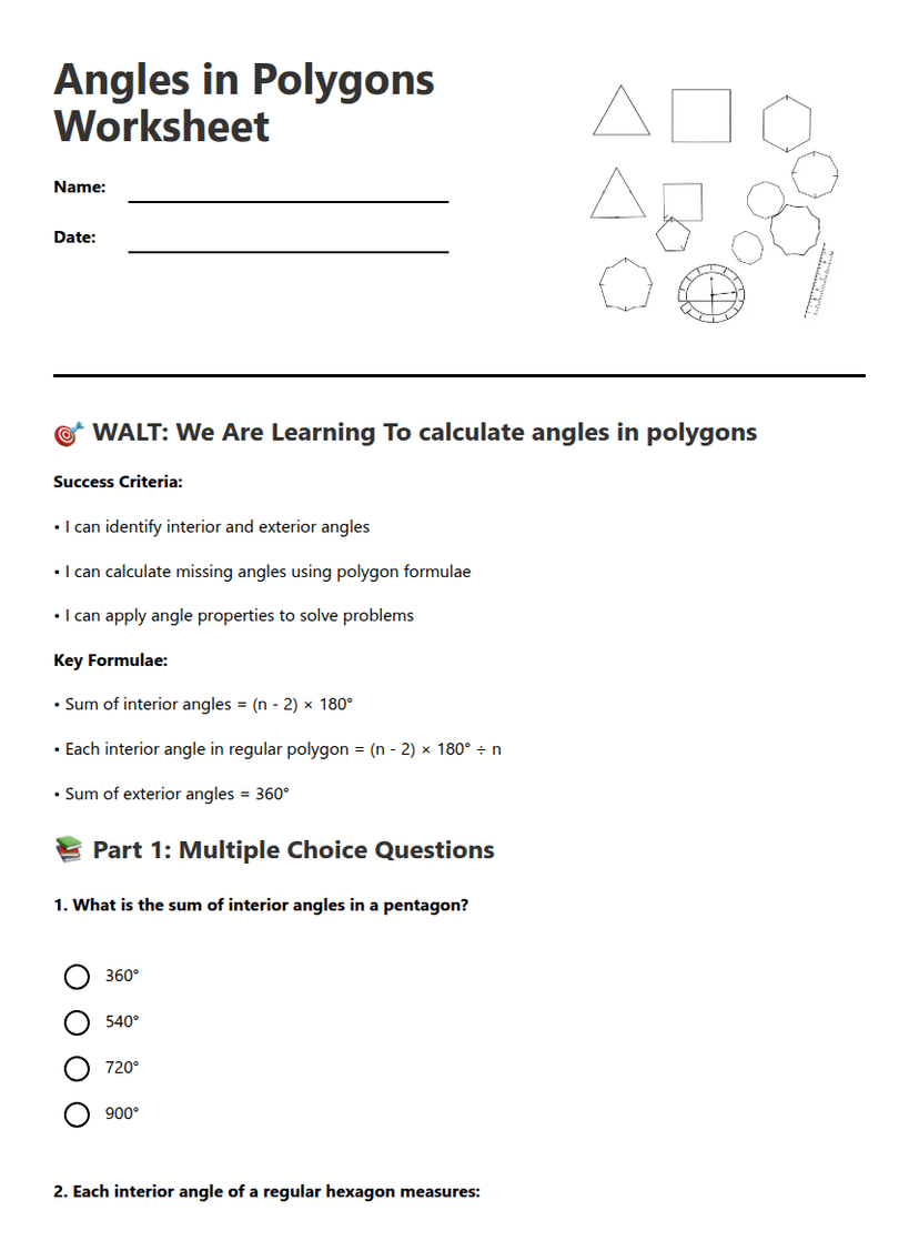 Angles in Polygons Worksheet