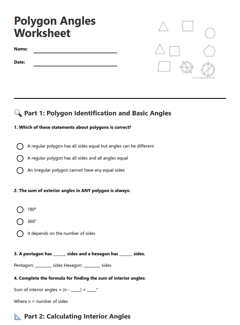 Polygon Angles Worksheet