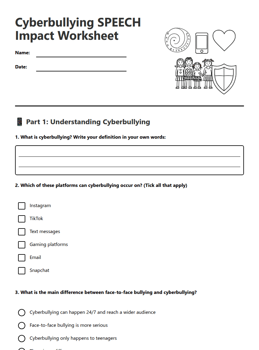 Cyberbullying SPEECH Impact Worksheet worksheet preview