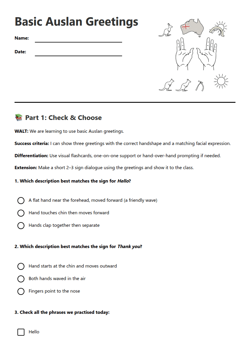Basic Auslan Greetings worksheet preview