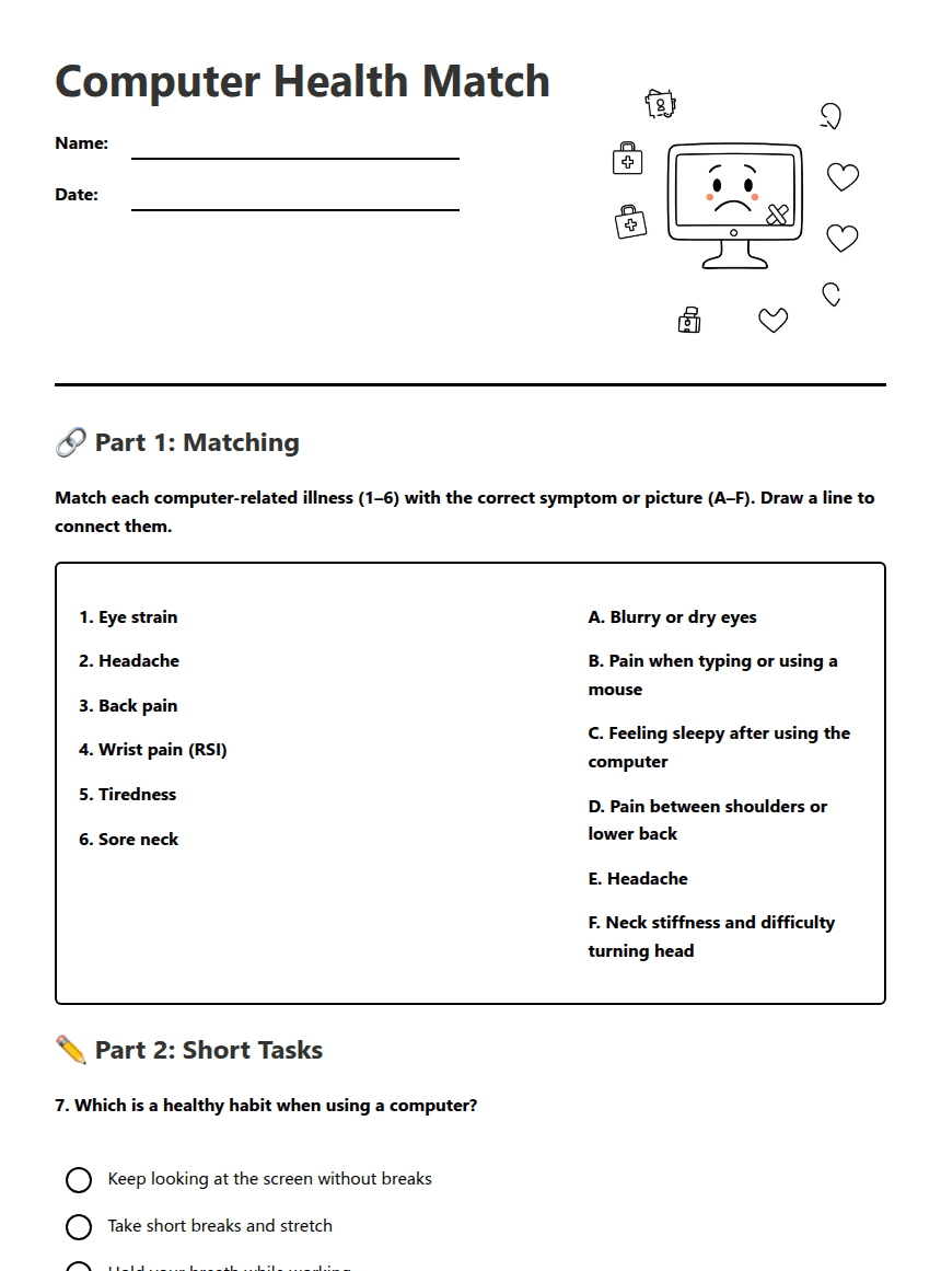 Computer Health Match worksheet preview