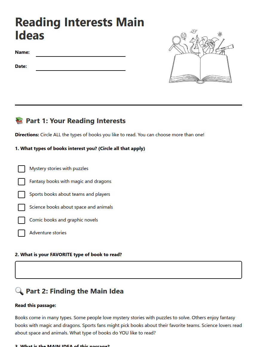 Reading Interests Main Ideas worksheet preview