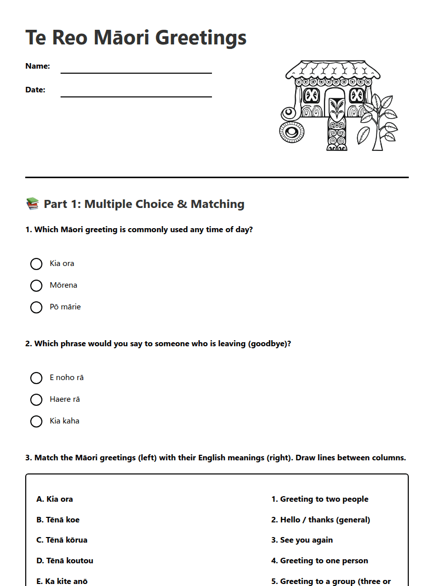 Te Reo Māori Greetings worksheet preview