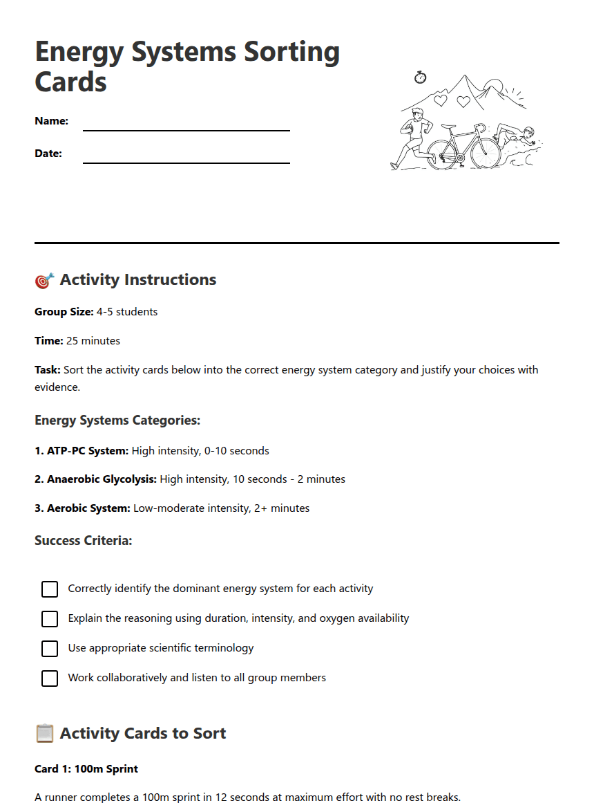 Energy Systems Sorting Cards worksheet preview