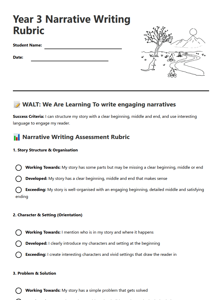 Year 3 Narrative Rubric worksheet preview
