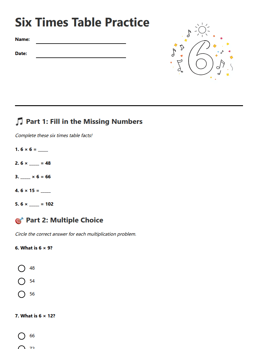 Six Times Table Practice worksheet preview