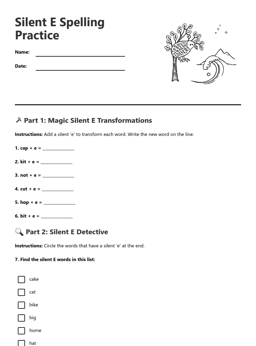 Silent E Spelling Practice worksheet preview