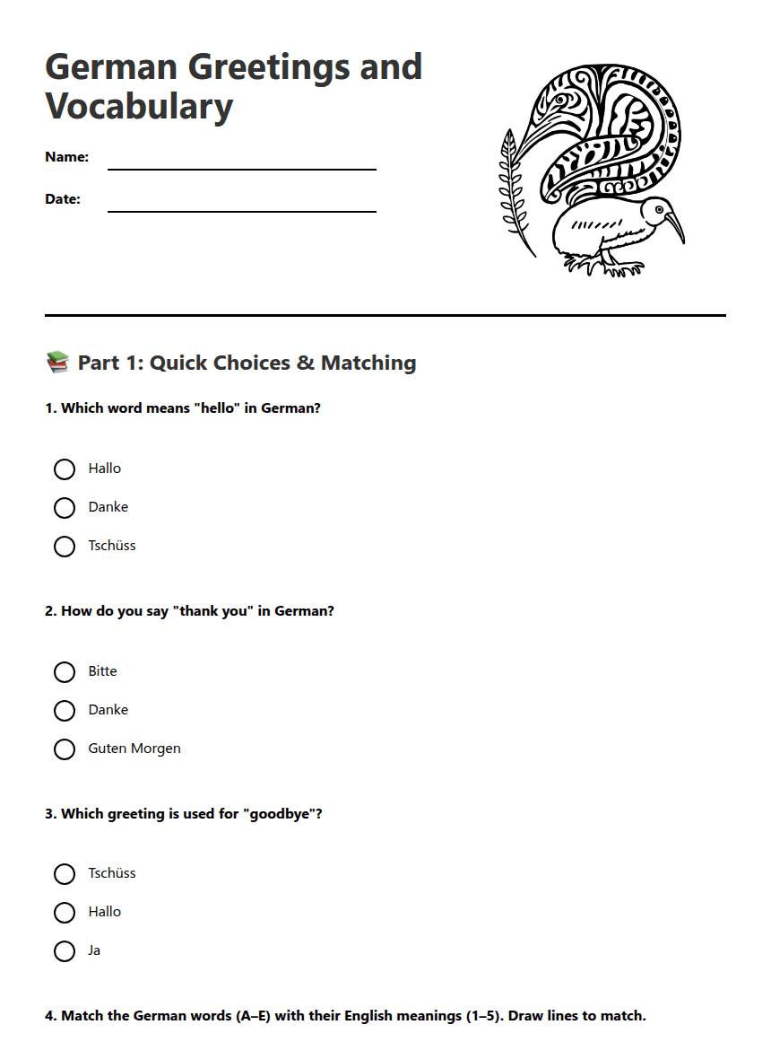 German Greetings and Vocabulary worksheet preview