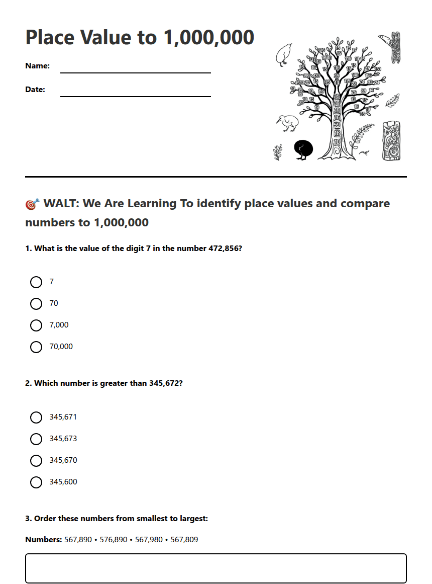 Place Value to 1,000,000 worksheet preview