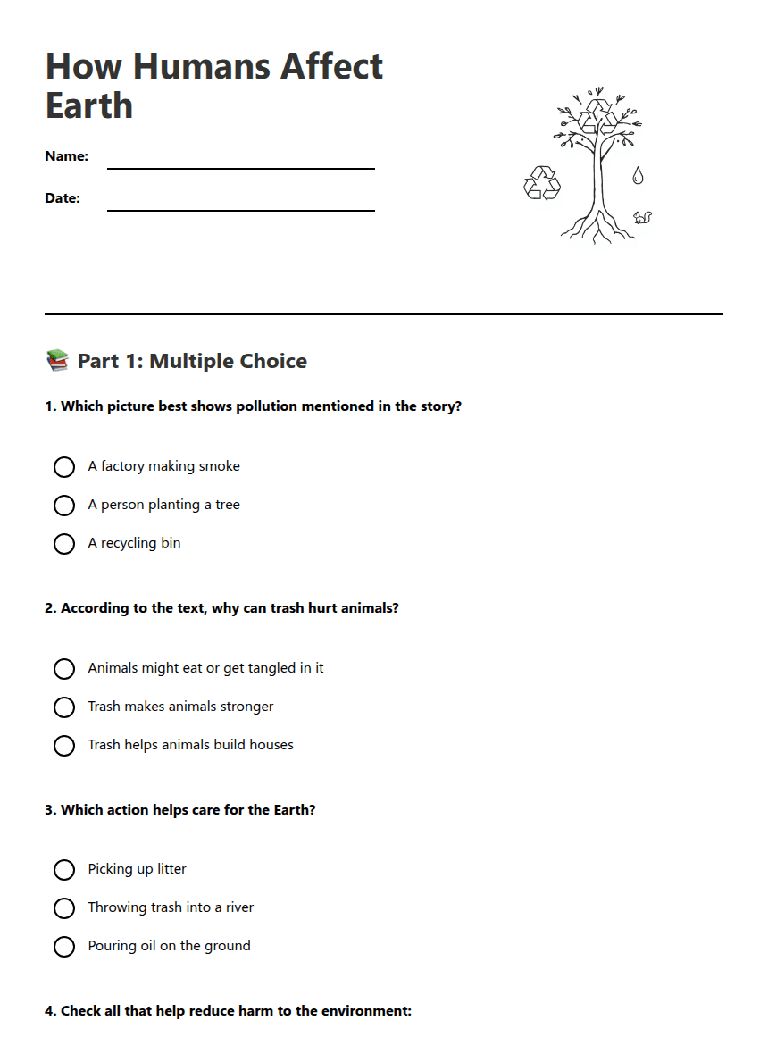 How Humans Affect Earth worksheet preview