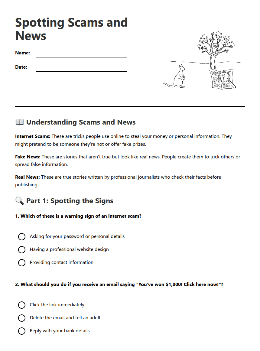 Spotting Scams and News worksheet preview