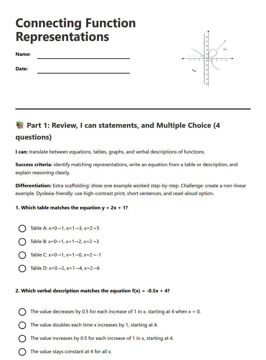 Connecting Function Representations worksheet preview