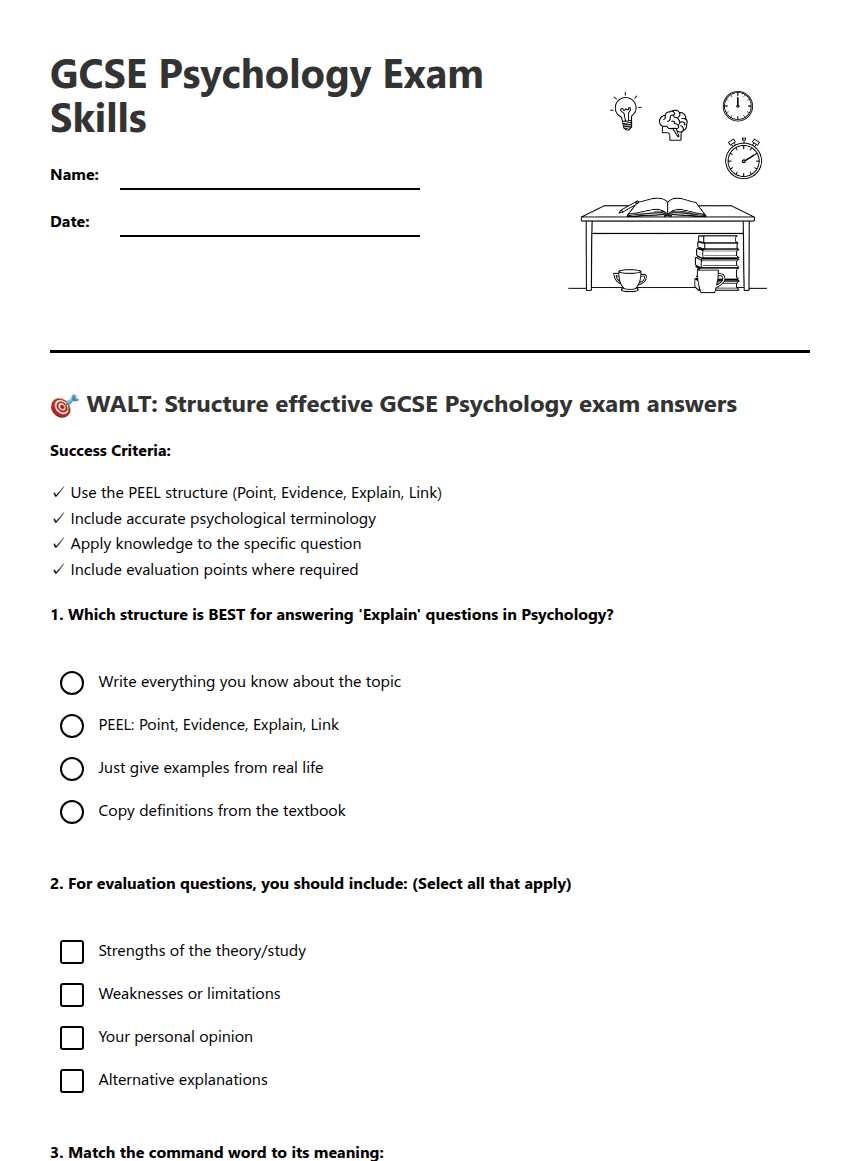 GCSE Psychology Exam Skills worksheet preview