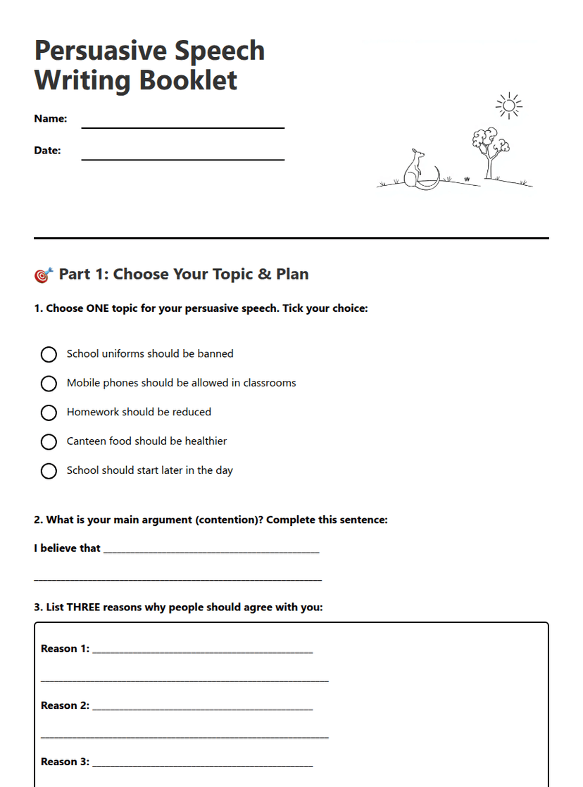 Persuasive Speech Writing Booklet