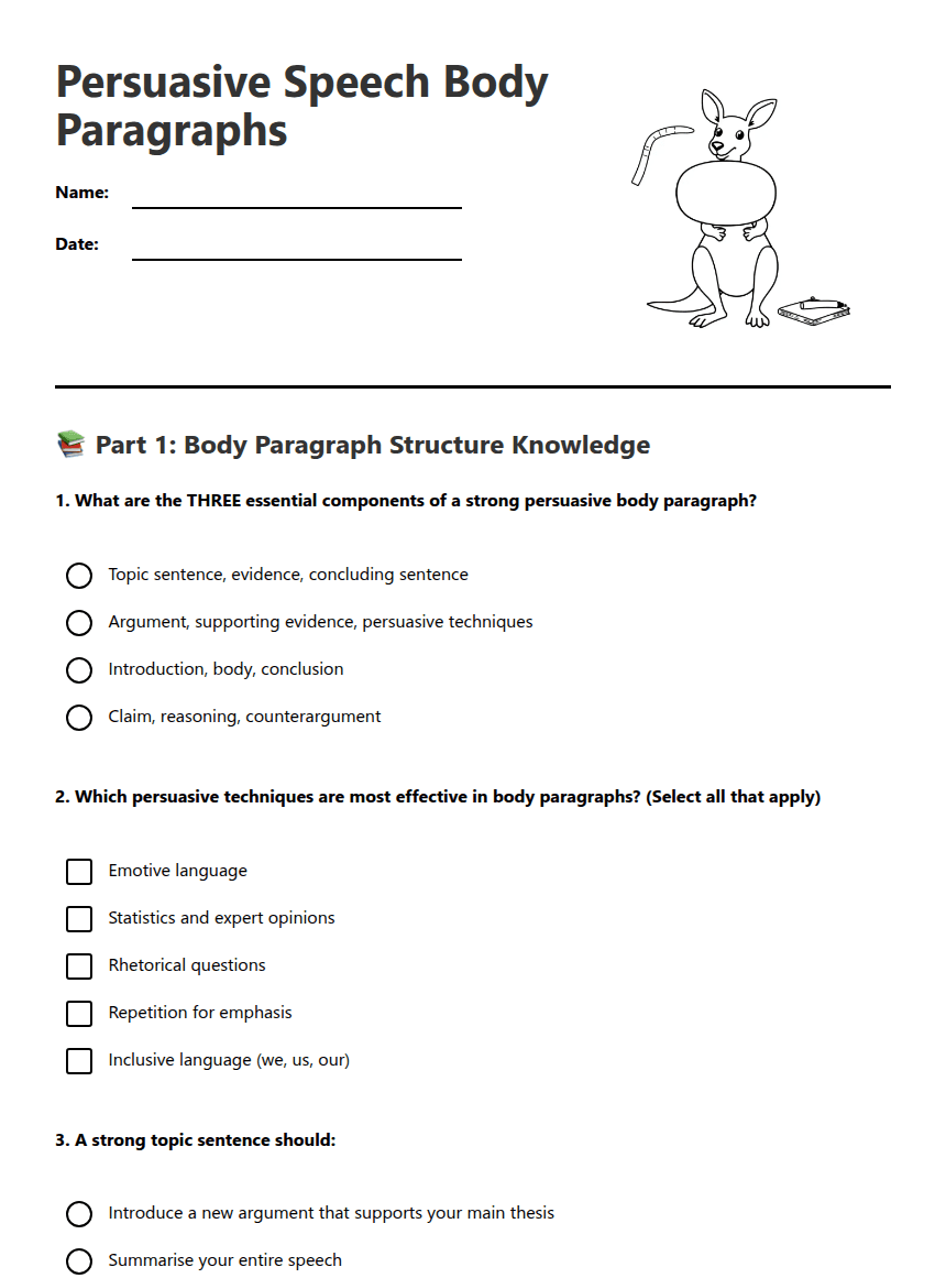 Persuasive Speech Body Paragraphs worksheet preview