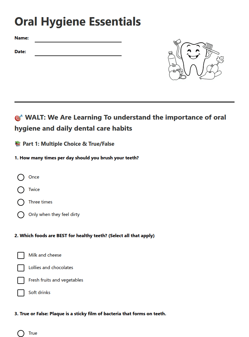 Oral Hygiene Essentials worksheet preview