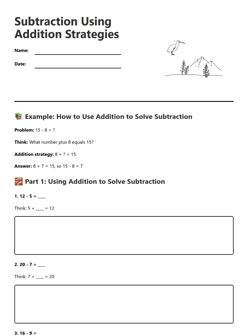 Subtraction Using Addition Strategies worksheet preview