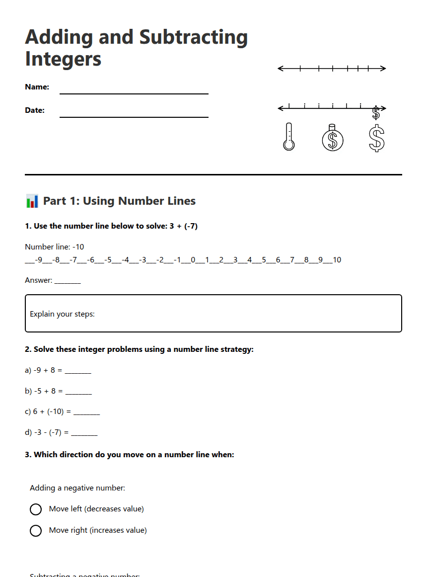 Adding Subtracting Integers worksheet preview