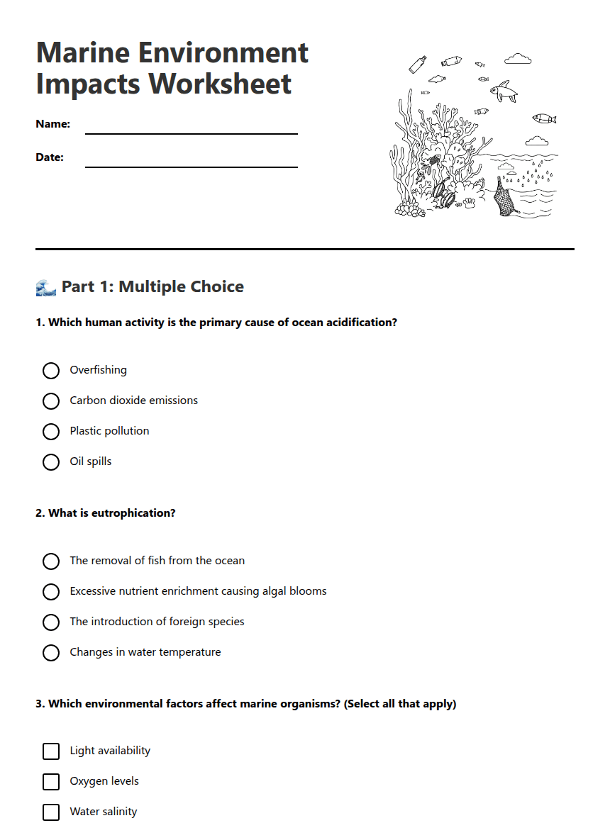 Marine Environment Impacts Worksheet worksheet preview