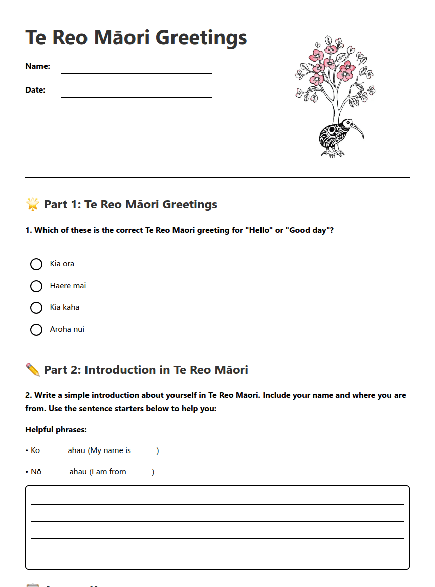 Te Reo Māori Greetings worksheet preview