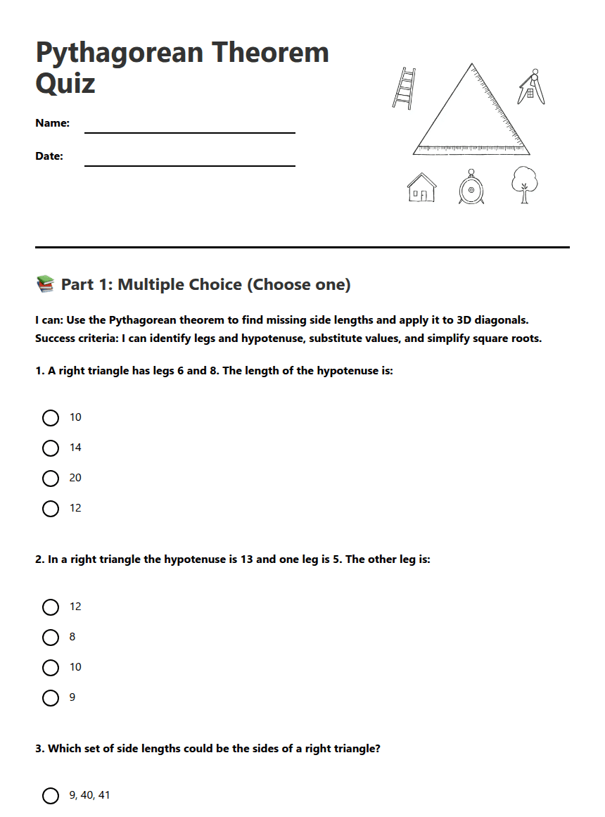 Pythagorean Theorem Quiz worksheet preview