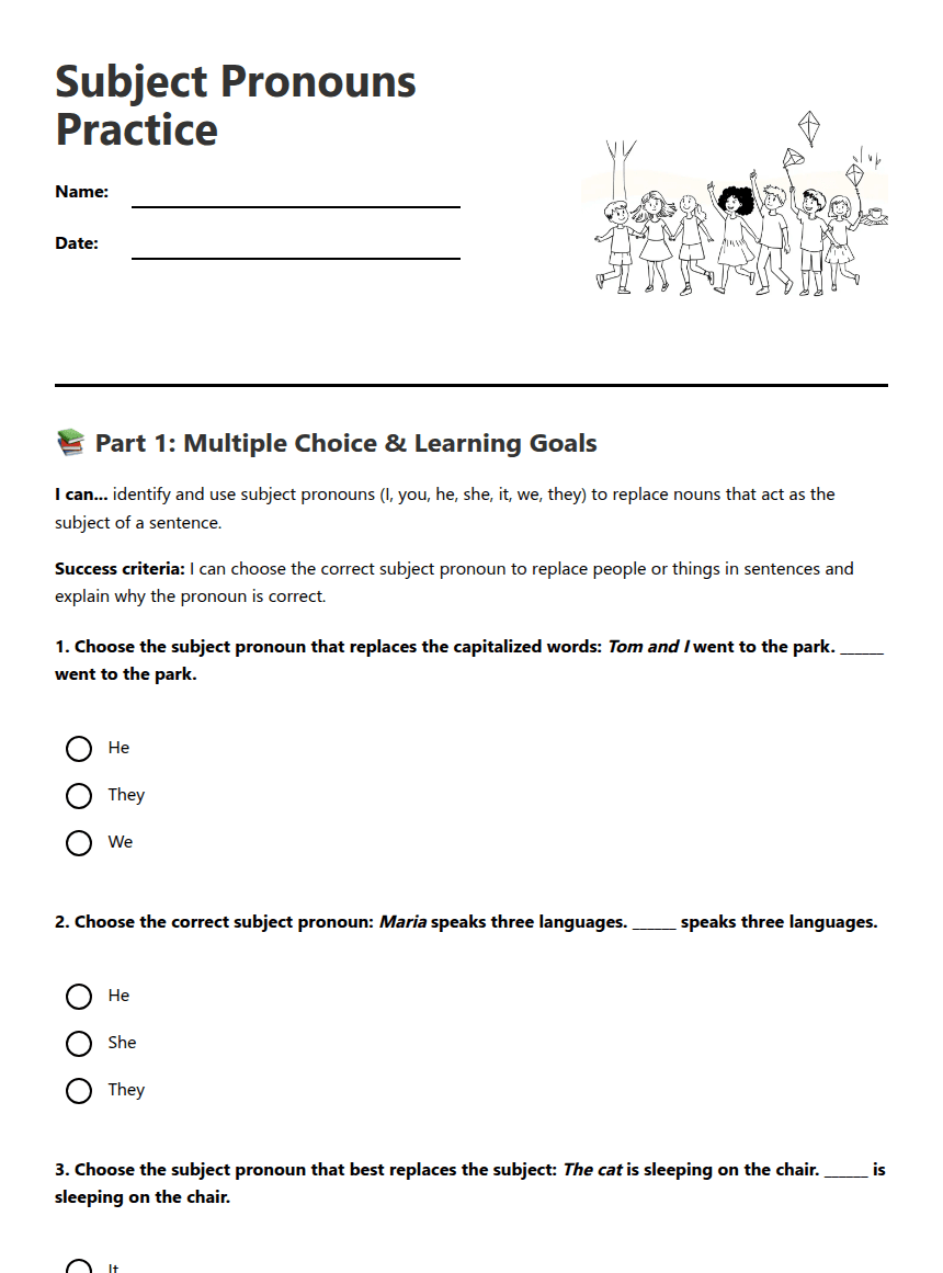 Subject Pronouns Practice worksheet preview
