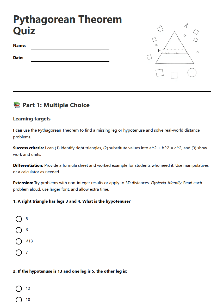 Pythagorean Theorem Quiz worksheet preview